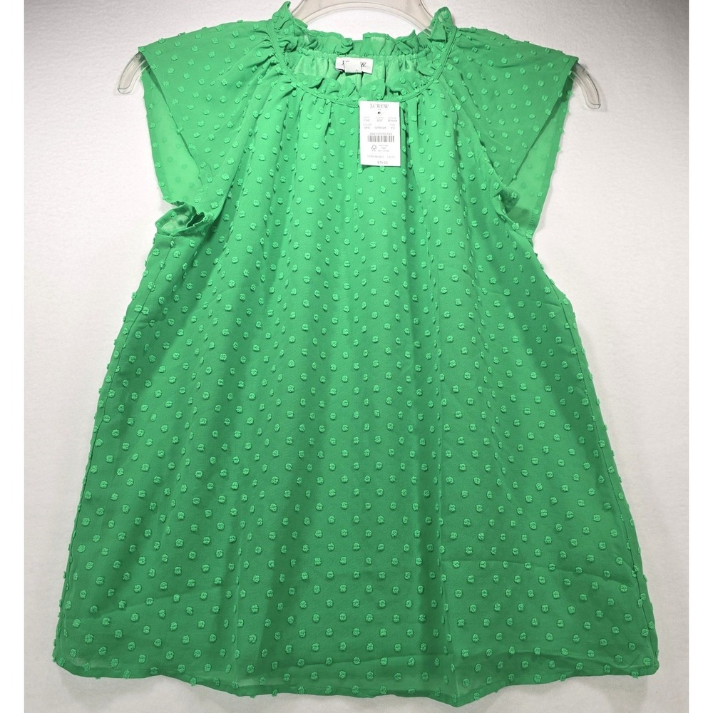 J.Crew Green Clip Dot Ruffle Neck‎ Cap Sleeve Top BY034 XS New